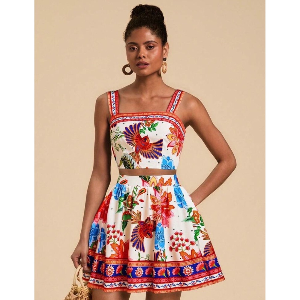 Tropical Bird Floral Print‎ Two Piece Crop Top and Mini Skirt Set White Red M